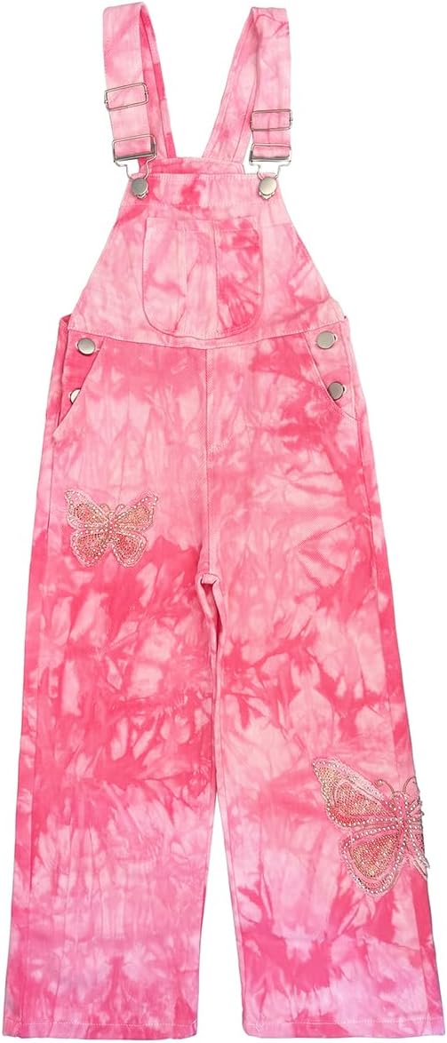 Peacolate 5-14years Little Big Girls Butterfly Embroidery Blue Denim Overalls
