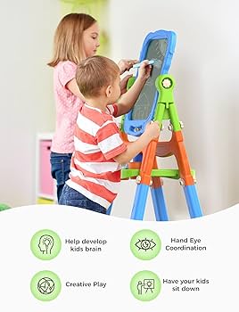 TOYANDONA Standing Art Easel For Kids, Double-Sided Wooden Blackboard, Toddler Drawing Chalkboard, Magnetic Whiteboard, Dry Erase Board, Water Marker