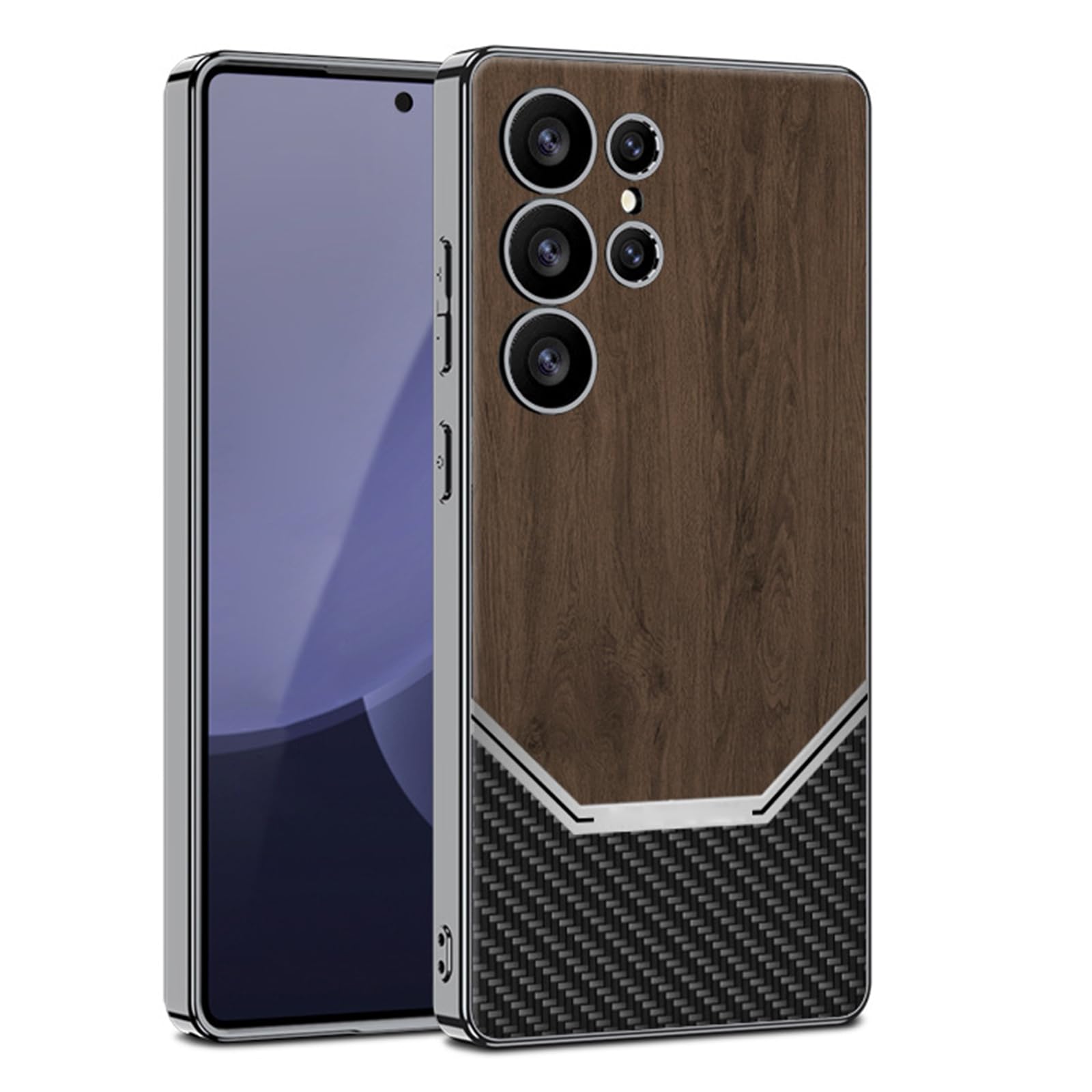 Stylowe etui do Samsunga Galaxy S25 Ultra/S25 Plus/S25, tekstura drewna i włókna węglowego, wąskie etui, kompleksowa ochrona soczewek, brązowe, S25