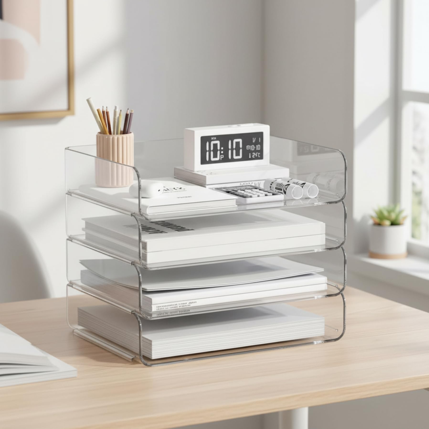 Organizador de escritorio acrílico, organizador de escritorio transparente apilable de 4 niveles para papel A4, cartas y libros - Almacenamiento de archivos de PET transparente para o.