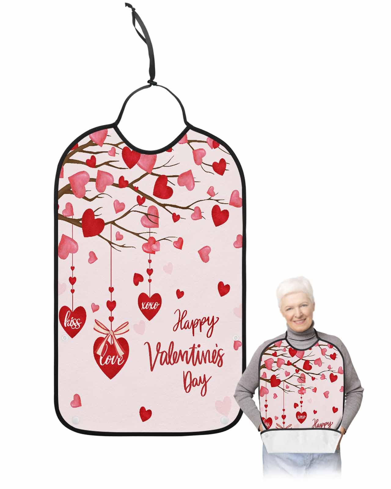 LEOKOTI Valentines Day Adult Bibs for Eating, Waterproof Bibs with Food Catcher & Adjustable Snap Closure, Pink Red Love Heart Tree Washable Clothing Protectors Adult Bibs for Elderly Women/Men