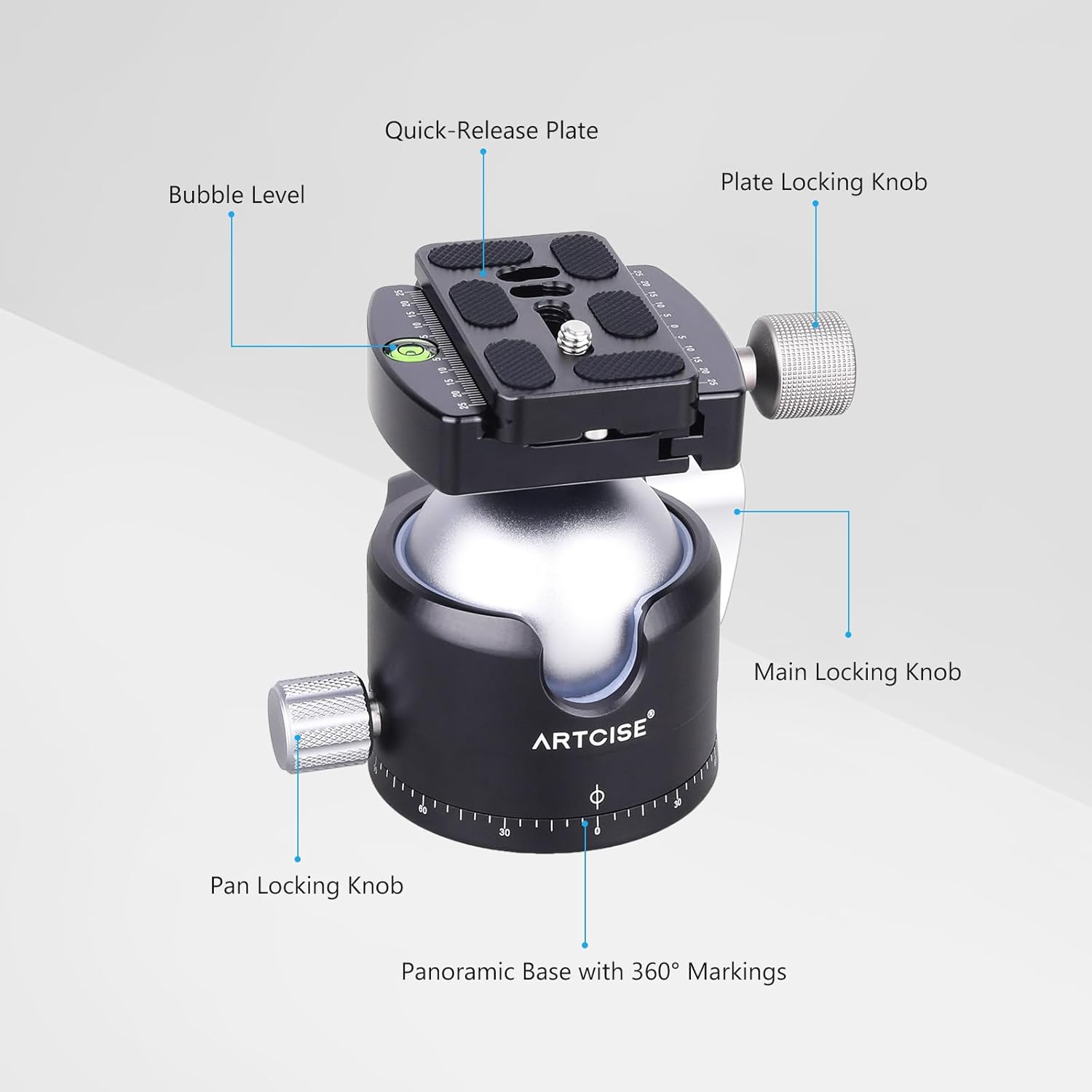 ARTCISE Low Profile Tripod Ball Head 56mm Ball CNC Aluminum Alloy Arca-Swiss Panorama Heavy Duty Tripod Head for DSLR Video Camera Monopods Tripod Camcorder Slider Max Loading 88lbs/40kg