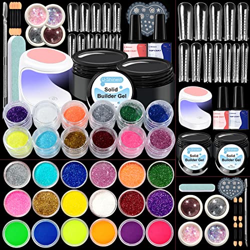 U-Shinein Solid Nail Extension Gel, 22 PCS Nail Art Glitter DIY Kit, Solid Nail Sculpture Hard Gel, Nail Builder Gel With UV Lamp, Top Coat Base Coat, Nail Forms And Nail Files In Nail Supplies Set