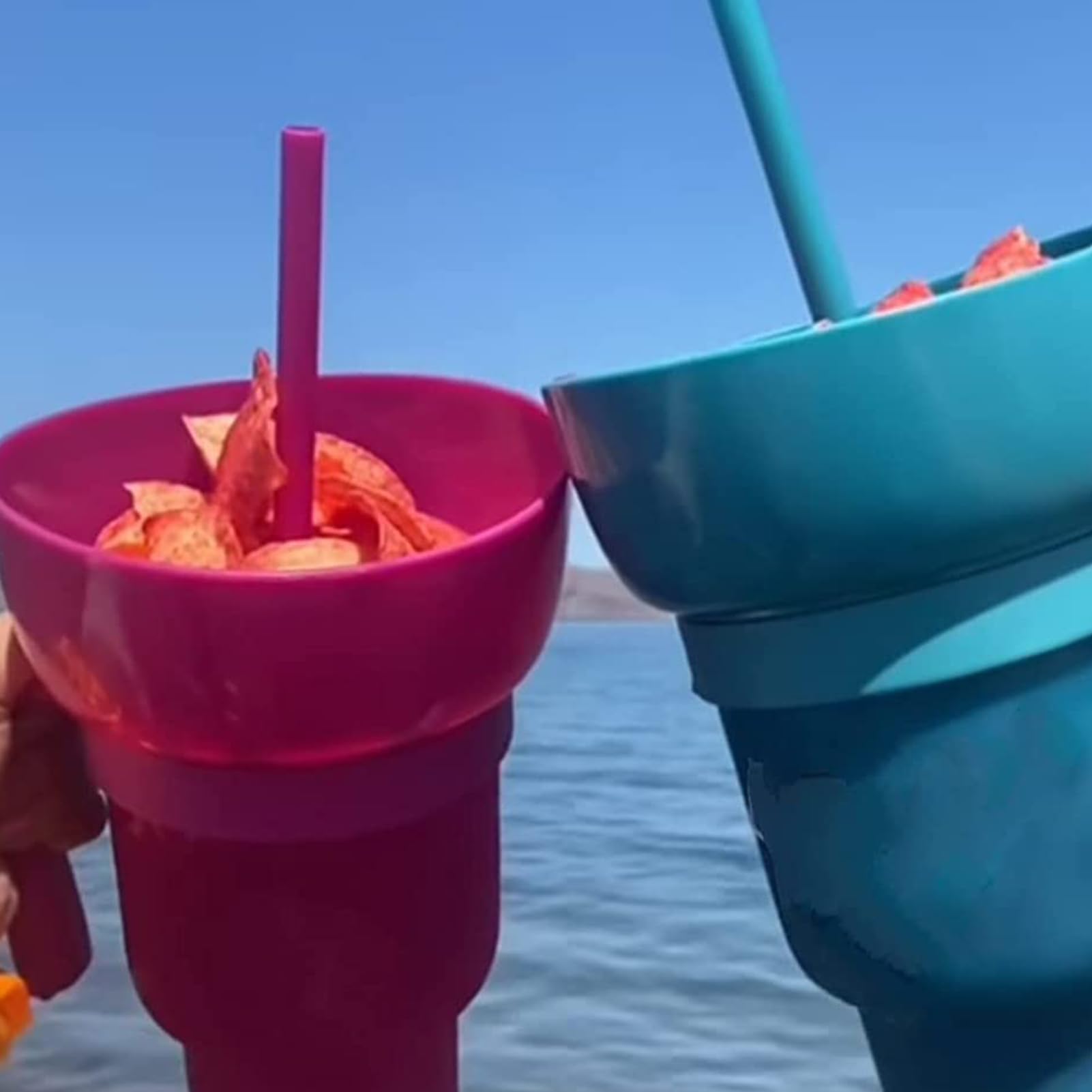 5 vasos 2 en 1, vasos de plástico reutilizables para bebidas y aperitivos con popote, vaso de estadio con cuenco superior para papas fritas y Coca-Cola, perfecto para uso sobre la marcha con una