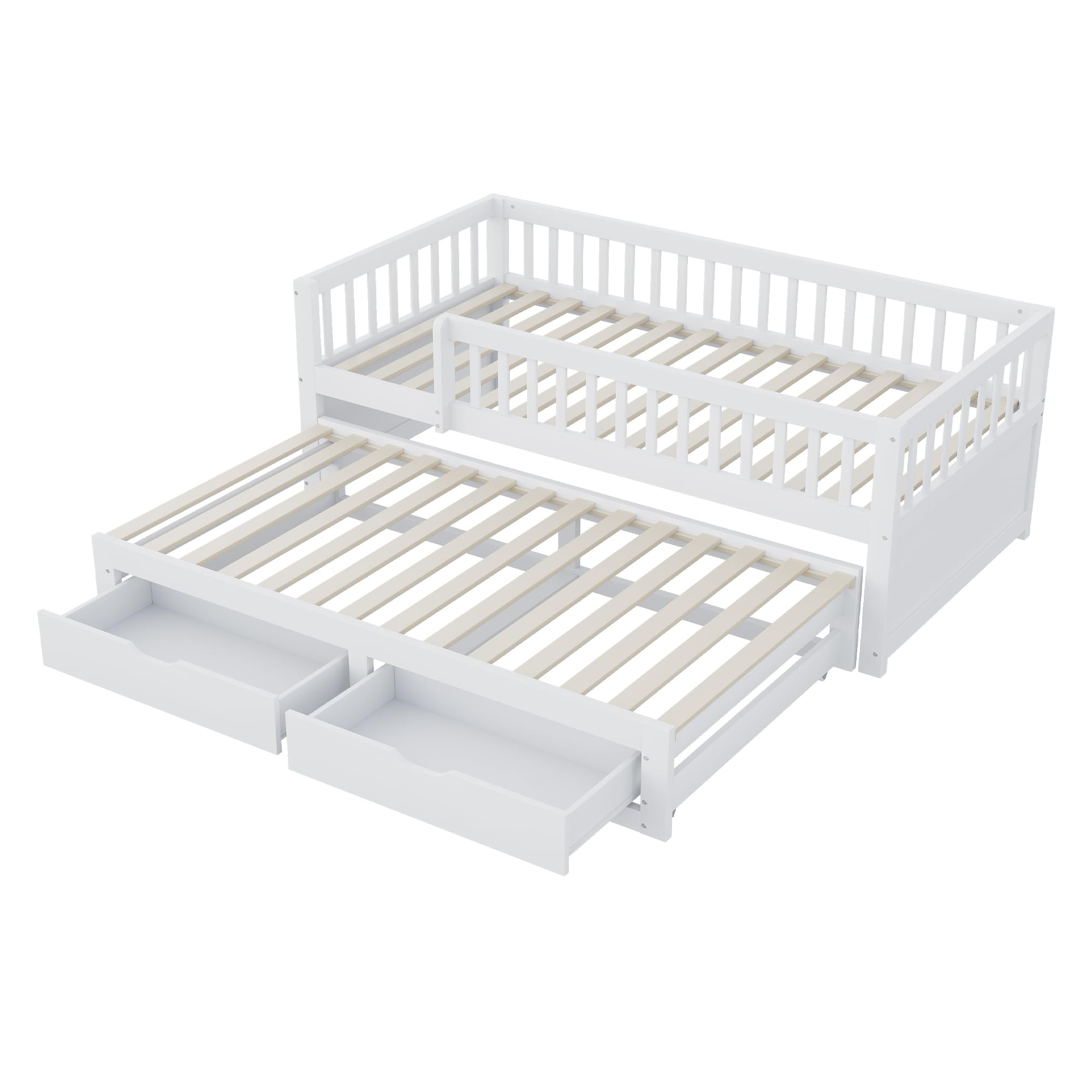 Kebnor Massivholz-Schlafsofa, Vollverkleidetes Sicherheitsgitter, Ausziehbares Bett mit 2 Schubladen Darunter, Mit Lattenrost, Kinderbett Jugendbett Gästebett Erwachsene (Weiß, 90 * 200 cm)