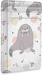 Cute Sitting Sea Lions Doddle Circles Hearts Crowns Seamless Slim Minimalist Wallet, Front Pocket RFID Blocking Leather Credit Card Holder, Case Protector Covers for Men Women