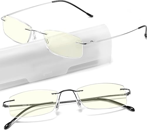 Lentes de lectura sin montura de titanio con bloqueo UV de luz azul, lectores de bisagra de resorte ultraligeros con estuche para hombres