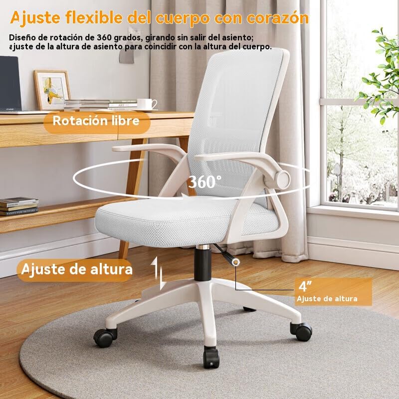Silla de Oficina en Casa Ergónómica de Malla Transpirable - Respaldo Alto Ajustable en Altura,Giratoria con Reposabrazos Abatibles y Soporte Lumbar(Blanco)