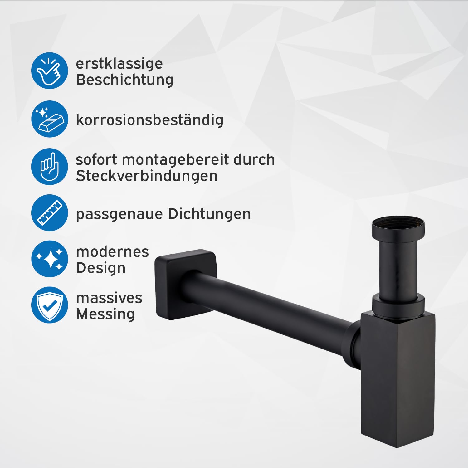 kör4u Siphon 1 1/4 Zoll x 32mm eckig, Schwarz Matt mit Dichtungen & Rosette