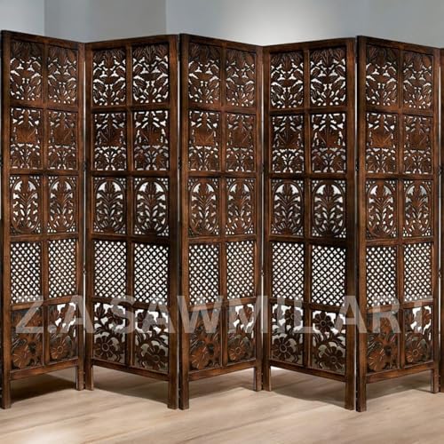 Image of Wooden Partition for Living Room, Privacy Divider, Wooden Room Separator, Divider for Office, Partition for Puja Room, (Mix Frame Design - Brown) (6 Feet 5 Panel)