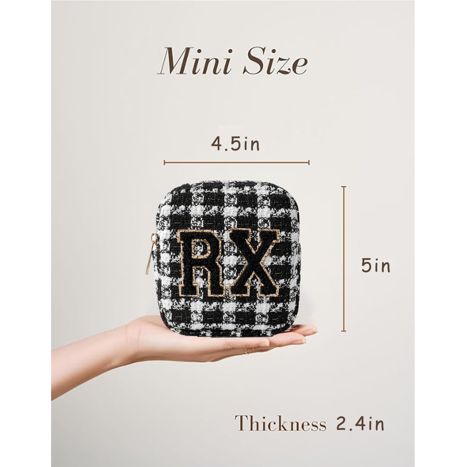 RSRSLEII Pequeña bolsa de medicina para viajes, bolsa personalizada de chenilla RX a cuadros para mujeres y niñas, bonitas bolsas de maquillaje para medicamentos con cremallera, 03Negro Cuadros