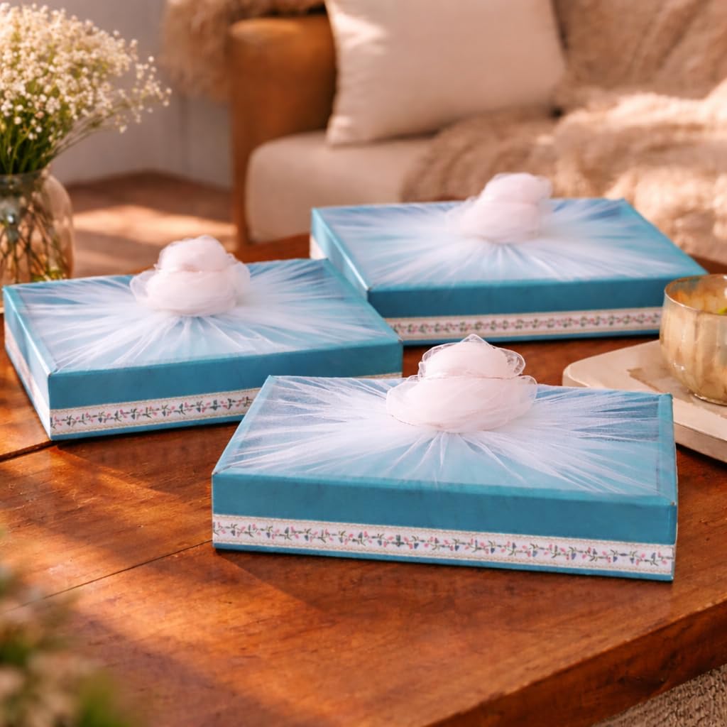 SATYAM KRAFT 6 Pcs Multipurpose Decorative Folding Gift Boxes with Net, Premium Paper Gift Hamper Tray for Wedding Return Gifts, Shaadi, Anniversary, Festive Gifting & Hampers, Sky Blue