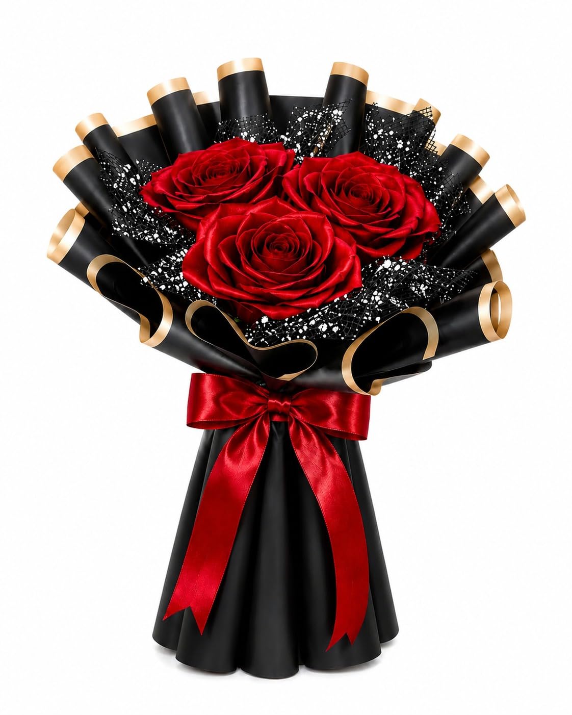 ADITYA TRADERS AND CREATIONS Premium 3 Red Rose Bouquet with Elegant Black & Gold Wrapping | Romantic Gift for Birthday, Anniversary, Valentine's Day & Special Occasions-image-3