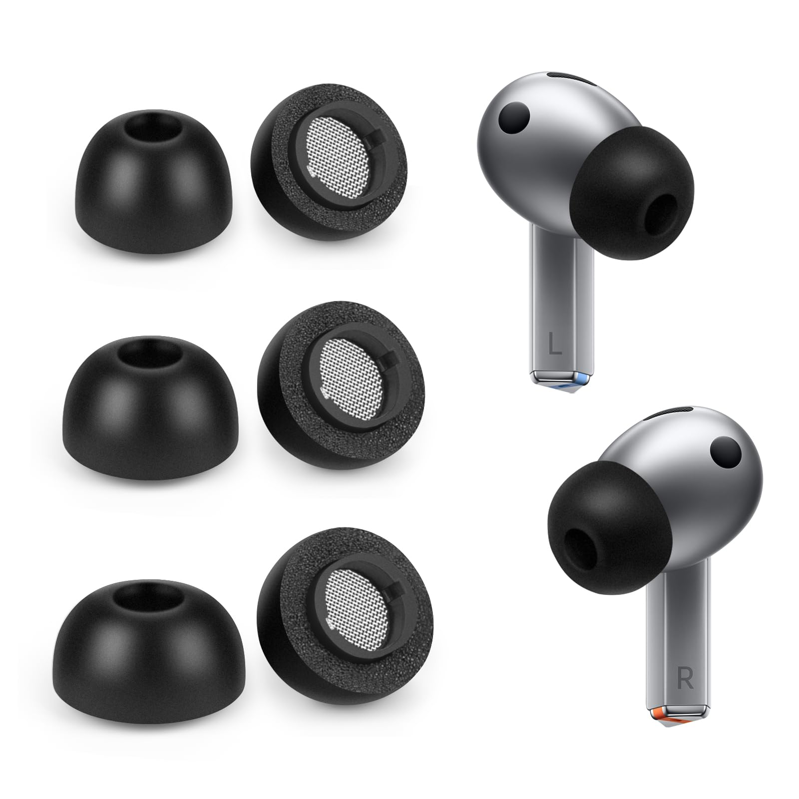 Wkładki douszne z pianki dla Samsung Galaxy Buds3 Pro, zestaw wkładek dousznych z pianki, 6 sztuk, 3 rozmiary - czarne