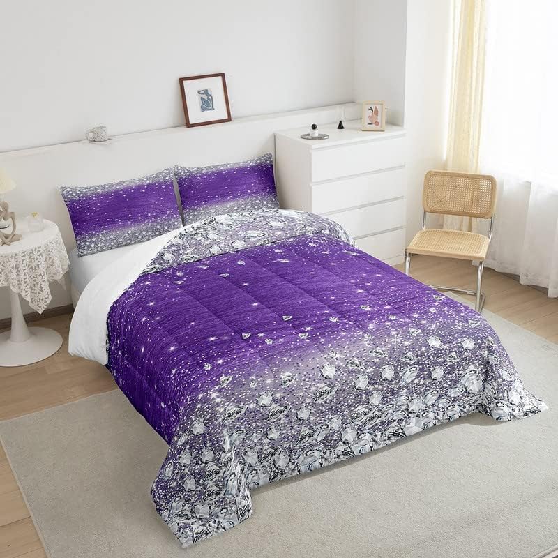 Miniatura 4 de Feelyou Juego de edredón brillante con estampado de purpurina (sin purpurina) con diamantes brillantes y degradados, color morado y plateado para