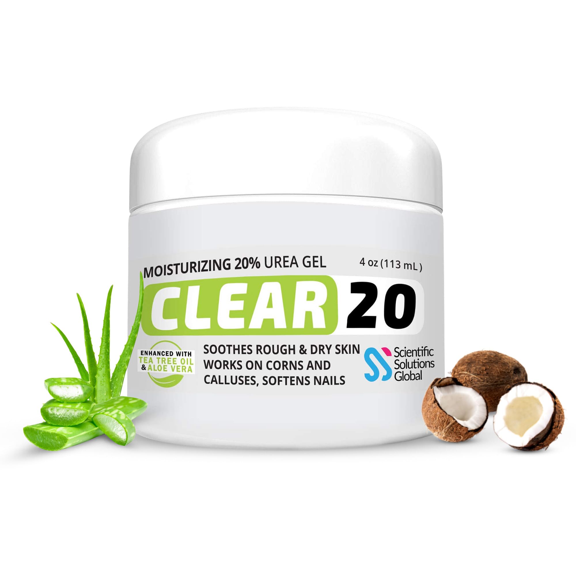CLEAR 20, 20% Urea Gel, 4 oz w/ Tea Tree & Coconut Oil, Aloe Vera Extract, Callus & Corn Remover Moisturizes & Softens Cracked Heels, Feet, Elbows,