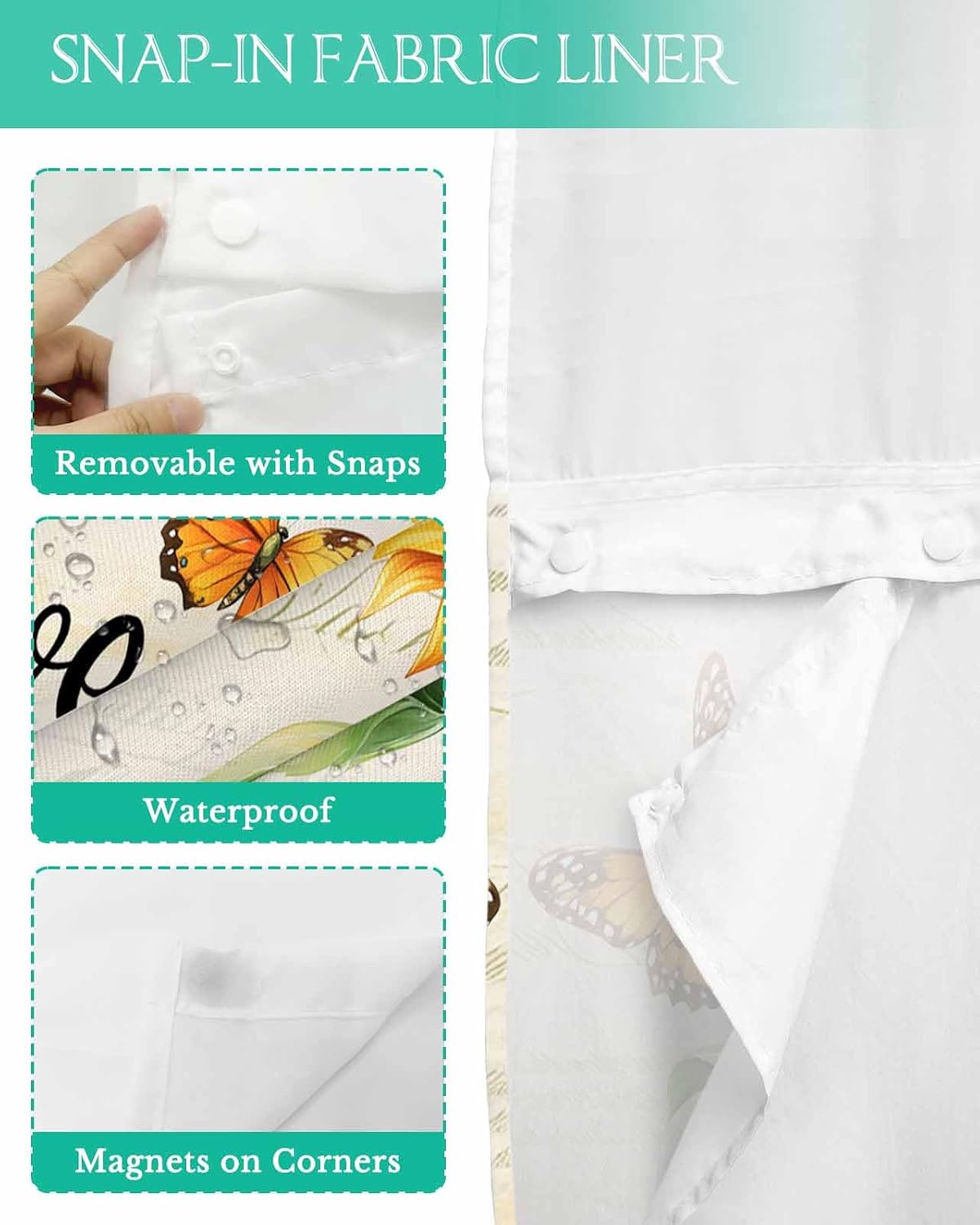 Vintage Sunflower Butterfly No Hook Shower Curtain with Snap in Liner Set, Waterproof Shower Curtains for Bathroom, Summer Farmhouse Fabric Shower Curtain, See Through Mesh Top Window, 72x84in