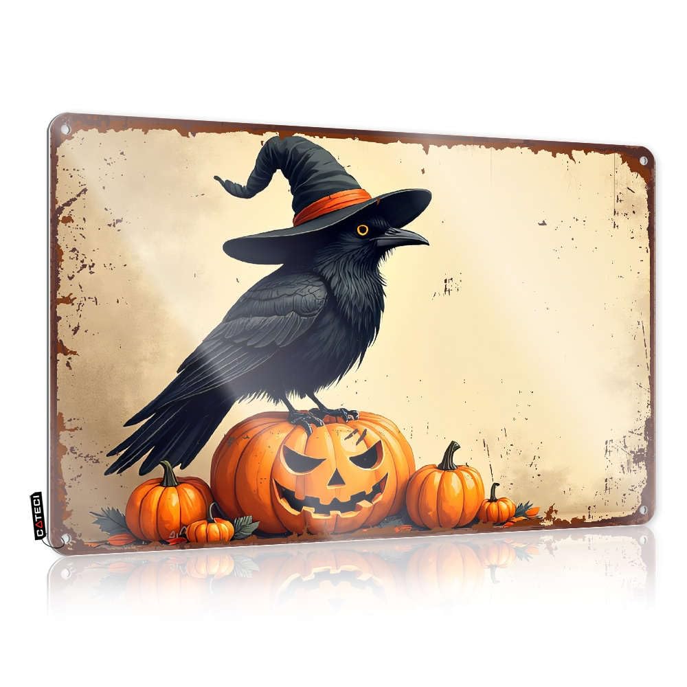 Western Decor For Trailer Metal Tin Sign Funny Cowboy Vintage - Halloween Crow With Witch Hat And Pumpkins/Warning Porch & Home Women