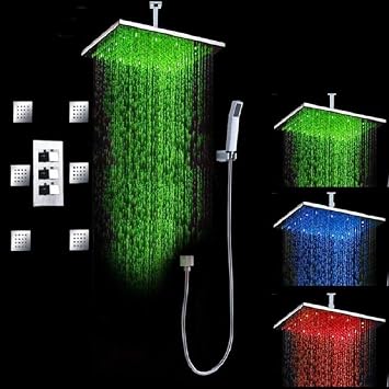 Cascada Luxury Bathroom Shower Set with Luxury Water Power LED Shower Head Ceiling Mount Rainfall Thermostatic 6 Massage Jets Spray Body Shower Set 16 inch, Matt Black