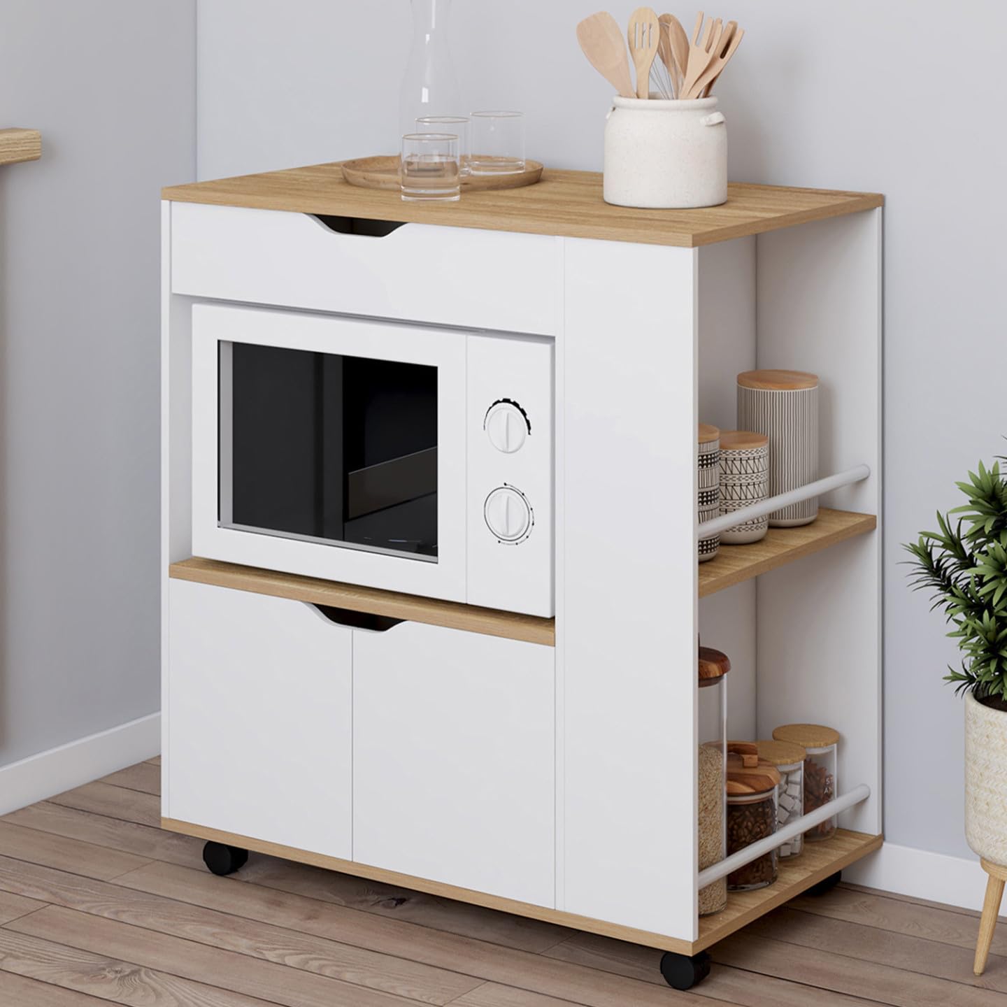 IDMarket - Mikrowellen-Küchenwagen COSI Schrank mit Schublade und Gewürzregal aus weißem Holz und Buchenholzplatten B.76 cm