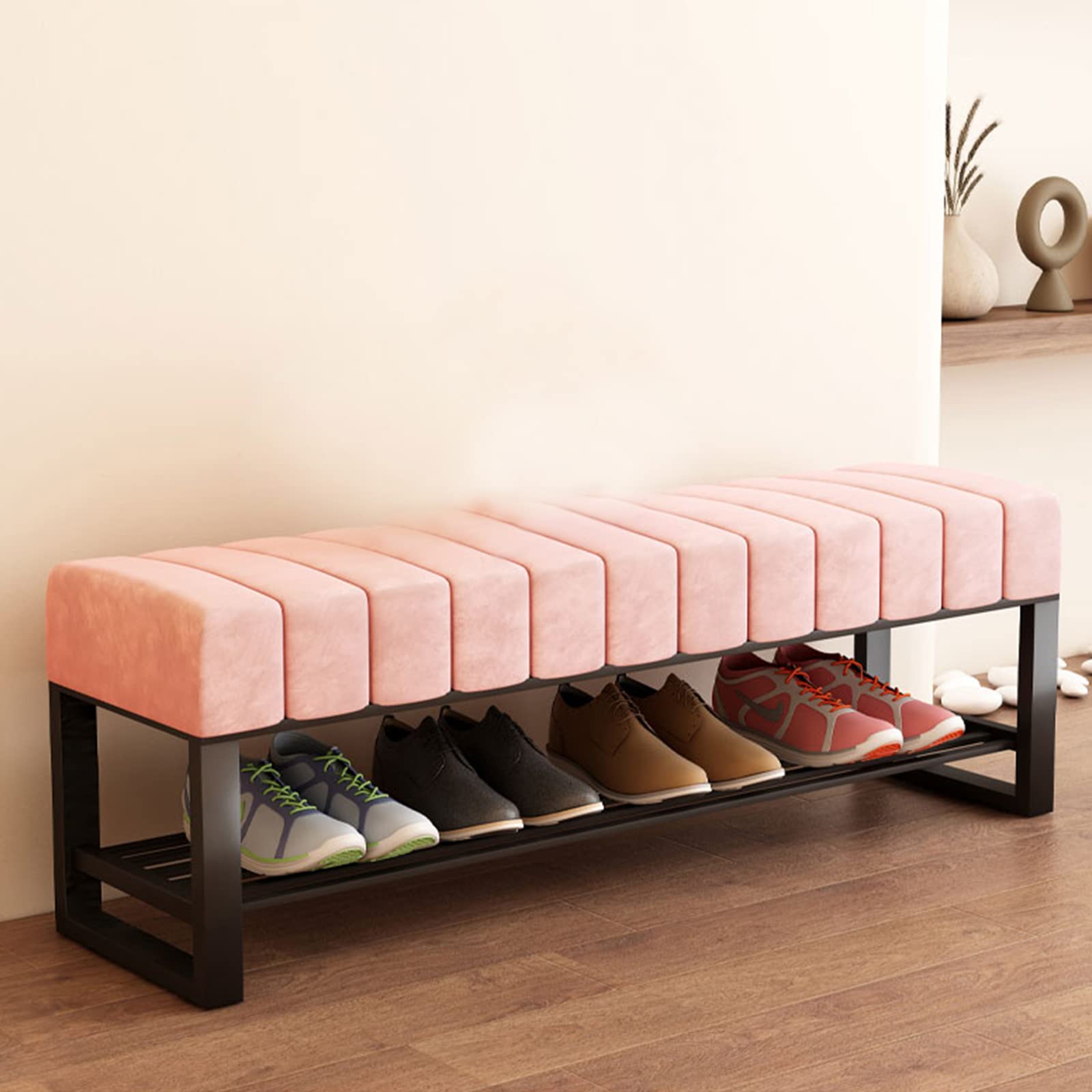 GDMDPTE Stylish Pink Entryway Shoe Rack with Velvet Cushion 2 Tier Large Capacity Storage Bench Sturdy Metal nizer for Bedroom & Hallway 39"x13"x18"