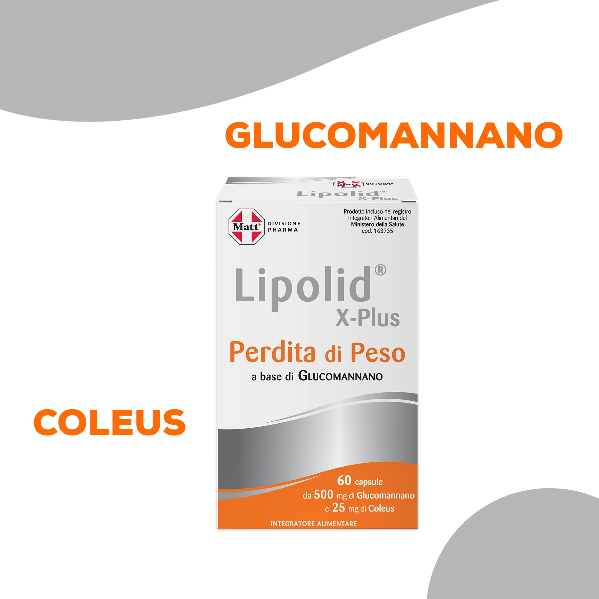 Matt, Lipolid X-Plus, Integratore Alimentare a Base di Glucomannano con Coleus, Ideale per una Dieta Ipocalorica, Aumenta il Senso di Sazietà, Senza Glutine, Confezione da 60 Compresse