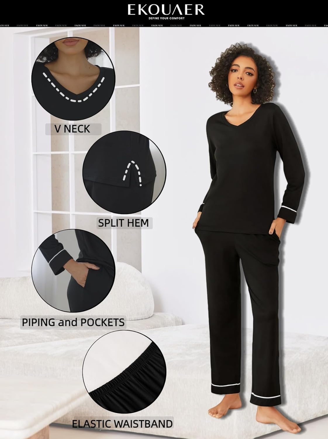 Ekouaer Womens Pajama Sets 2 piece Lounge Sets for Women V-neck Long Sleeve Top and Elastic Waist Pants with Pockets - Image 4