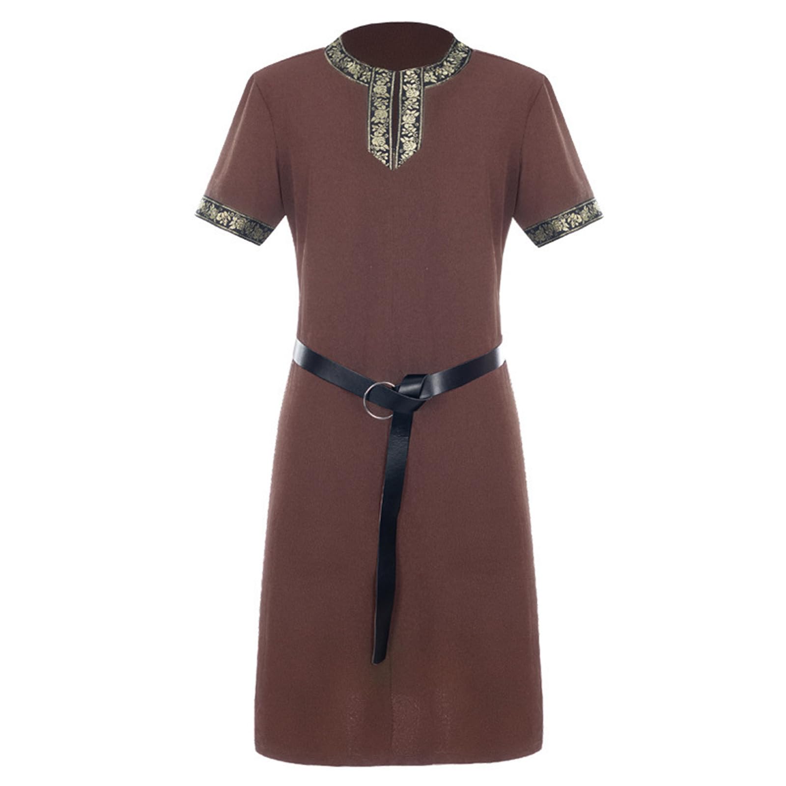 Duohropke Viking Shirt Men's Linen 6XL Medieval Shirt Short Sleeve Viking Tunic 4XL Long Medieval Tunic Short Sleeve Summer Tunic Medieval Costume, 02 Brown, XXL