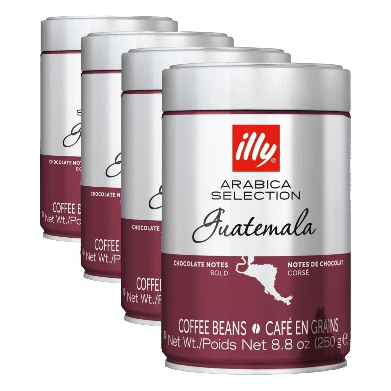 illy, Café en Grano Arabica Selection Guatemala, 100% Arábica con Notas de Chocolate, Sabor Amargo e Intenso, 1 lata de 250g (Paquete de 4)