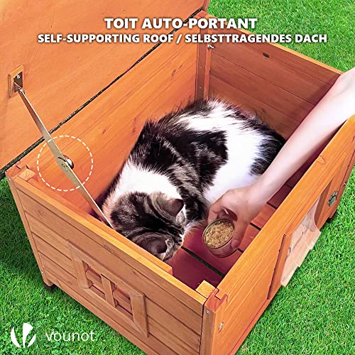 VOUNOT® Katzenhaus aus Holz, Katzen Haus mit Asphaltdach, Katzenhütte für Draussen Outdoor 57 x 45 x 43 cm