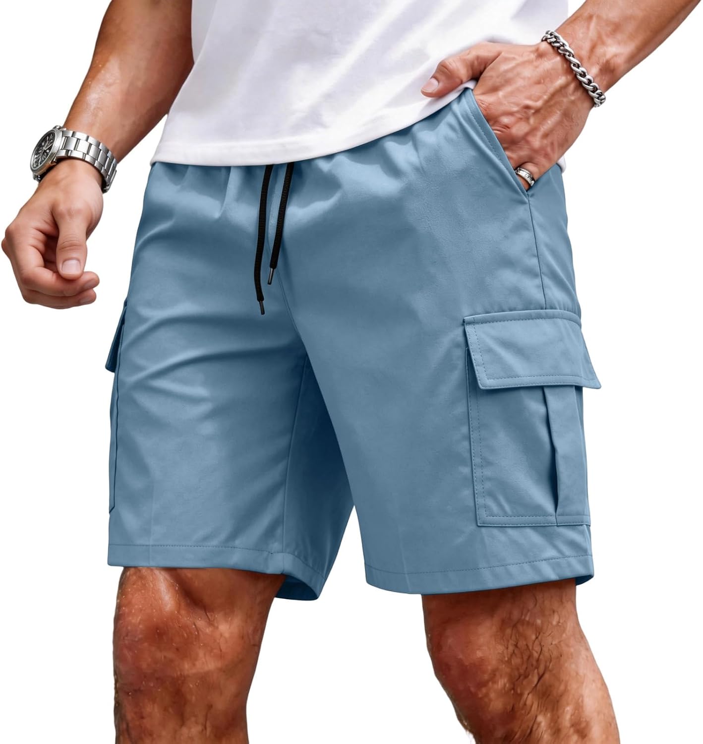 Men's Casual Cargo Shorts Elastic Drawstring Waist Summer Shorts with Relaxed Fit & Large Side Pockets