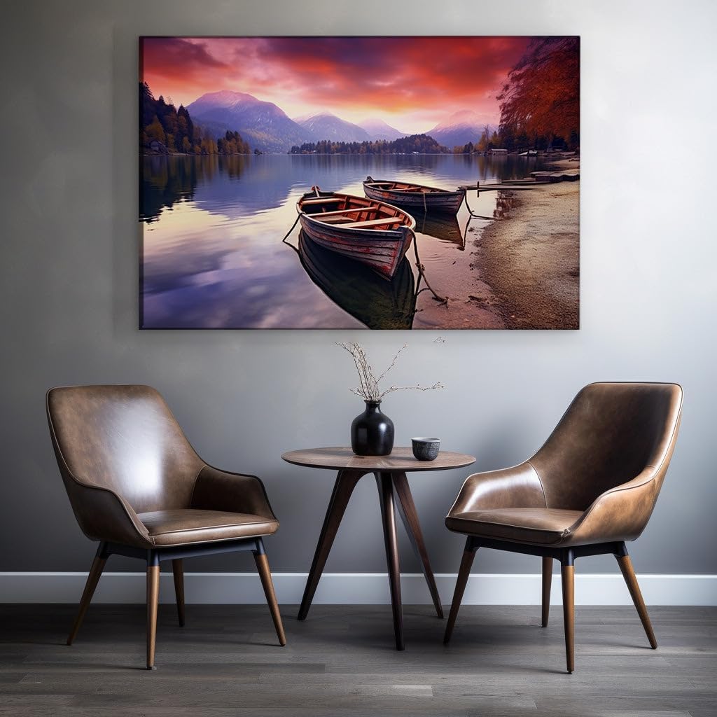 Canvas for Living room. Sunset Serenity: Boats at Rest by a Mountain Lake, 27 x 18 inch Canvas Wall Art - Contemporary Masterpieces - Modern Home Decor - 69x46 cm (27x18 inch)