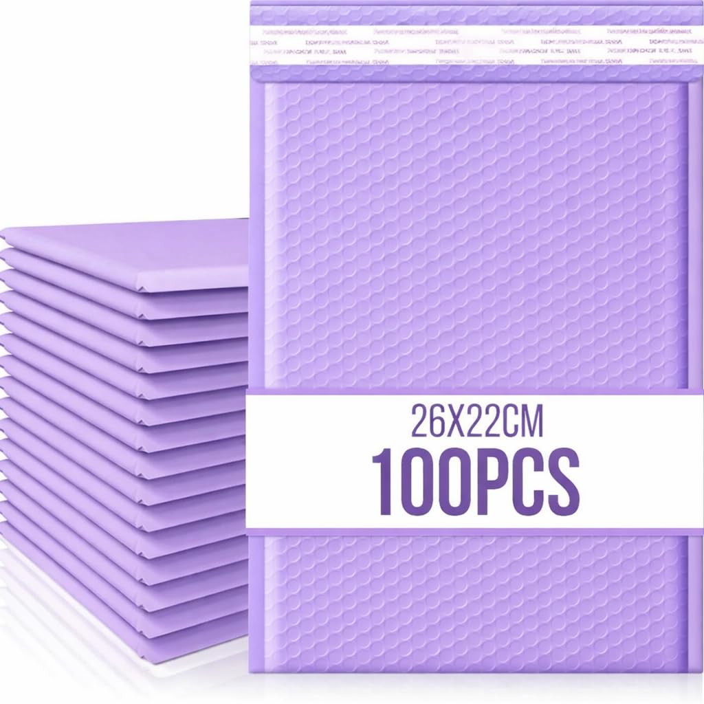 100pcs Waterproof Strong Adhesive Bubble Padded Mailing Bags, Tamper-Proof Shipping Packaging, Durable Protective Postal Self-Seal Jiffy Bags Envelopes - Multiple Colours (Purple, 26x22cm)