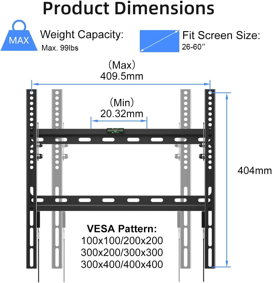 Diagram showing product dimensions, weight capacity (Max 99lbs), fit screen size (26-60 inches), and VESA patterns.