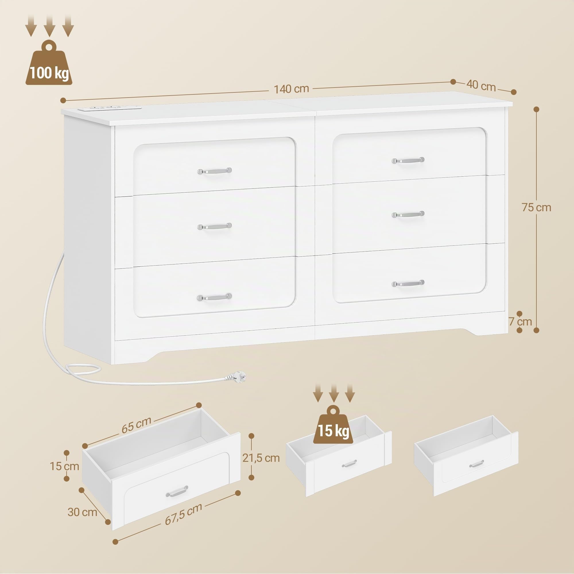 Hzuaner Cómoda con Regleta de Enchufes, Cómoda de Doble Columna, 6 Cajones para Dormitorio, Mueble Almacén Moderno para Pasillo, Salón, Vestidor y Oficina 40 x 140 x 75 cm Blanco DC35003XEU