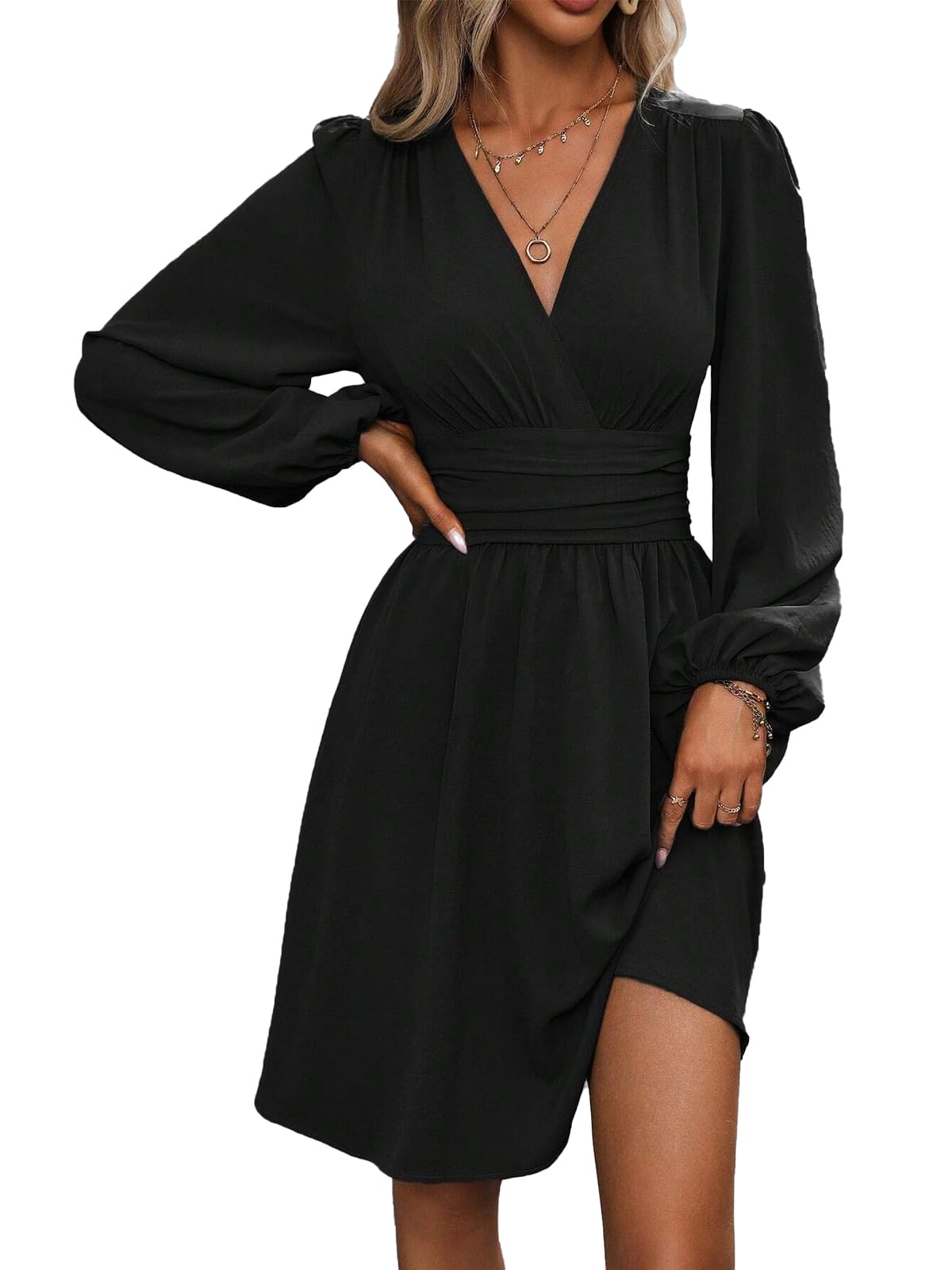 LIAMERHE Damen Elegant Kleid Langarm V-Ausschnitt Casual Kleider A-Linie Winterkleider Blumenmuster Minikleid Freizeitkleider Herbst Winter Laternenärmeln Kleid Partykleid Schwarz M
