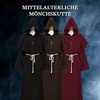 KEELYY Monk Robe Priest Costume Men's Halloween Costume with Hood and Cross Monk Priest Robe Men's Monk's Cowl for Halloween Carnival Medieval Renaissance