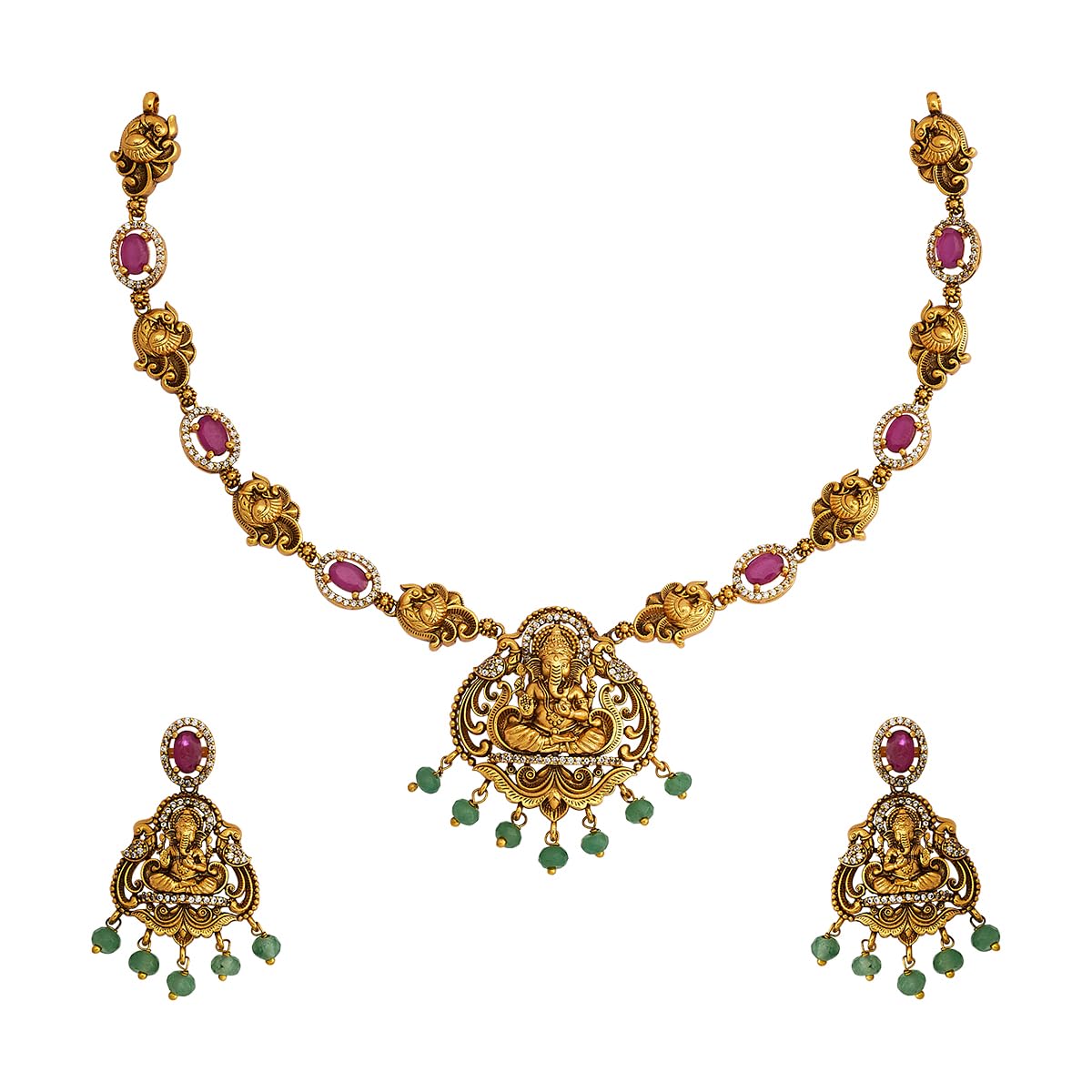 kushal's Fashion Jewellery Ruby-Green Gold Polished Antique Necklace Set | Short Necklace For Women | With Push Back Hangings - 440759-picture-11