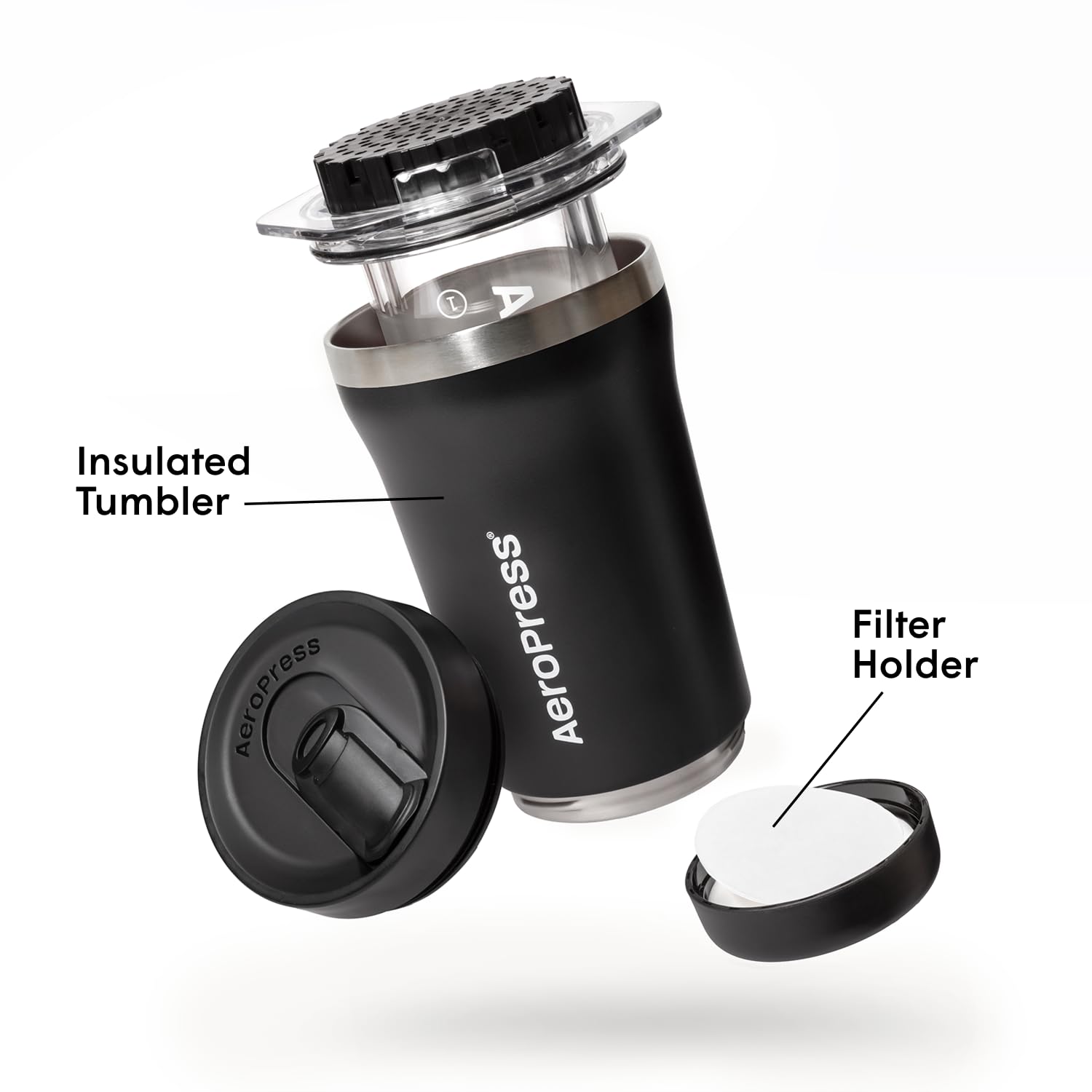 AeroPress Go Plus cafetera portátil pequeña, ideal para viajes, camping y oficina, prensa francesa todo en uno, cafetera manual estilo espresso y pour-over, preparación en 2 min, Negro