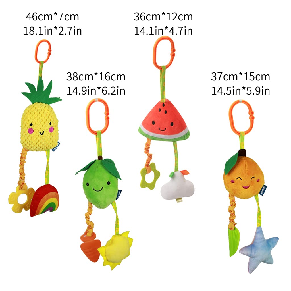 KAKIBLIN Baby-Spielzeug zum Aufhängen, 4 Stück, für Autositz, Buggy, weiches Quietschspielzeug für Babys, Neugeborene, Auto, Bett, Krippe, Reisen, Aktivität, Früchte-A