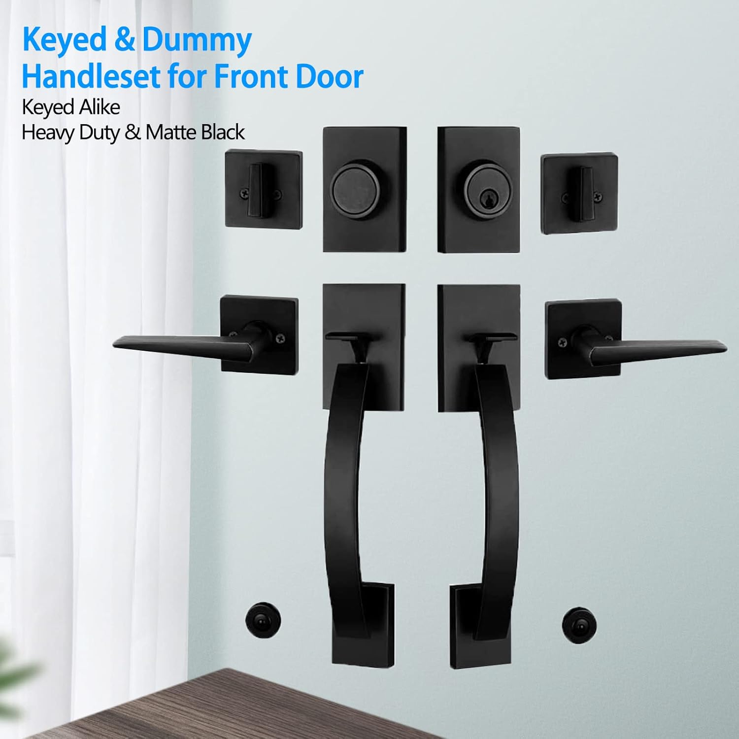 NEWBANG Exterior Double Door Lever Handleset,Solid Door Handle Lock Set (Keyed and Dummy Set) - Matte Black,MDHST2017DB-SET-BR