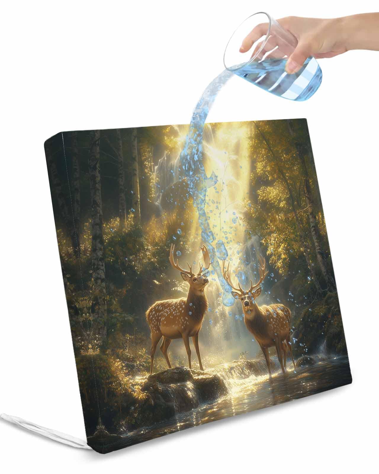 Hokiten Golden Forest Deer Outdoor Cushion Chair Cover Set of 2 - Waterproof Couch Seat Covers, Fantasy Vintage Nature Scenery Patio Furniture Protector Cushions Slipcovers for Sofa/RV, 22