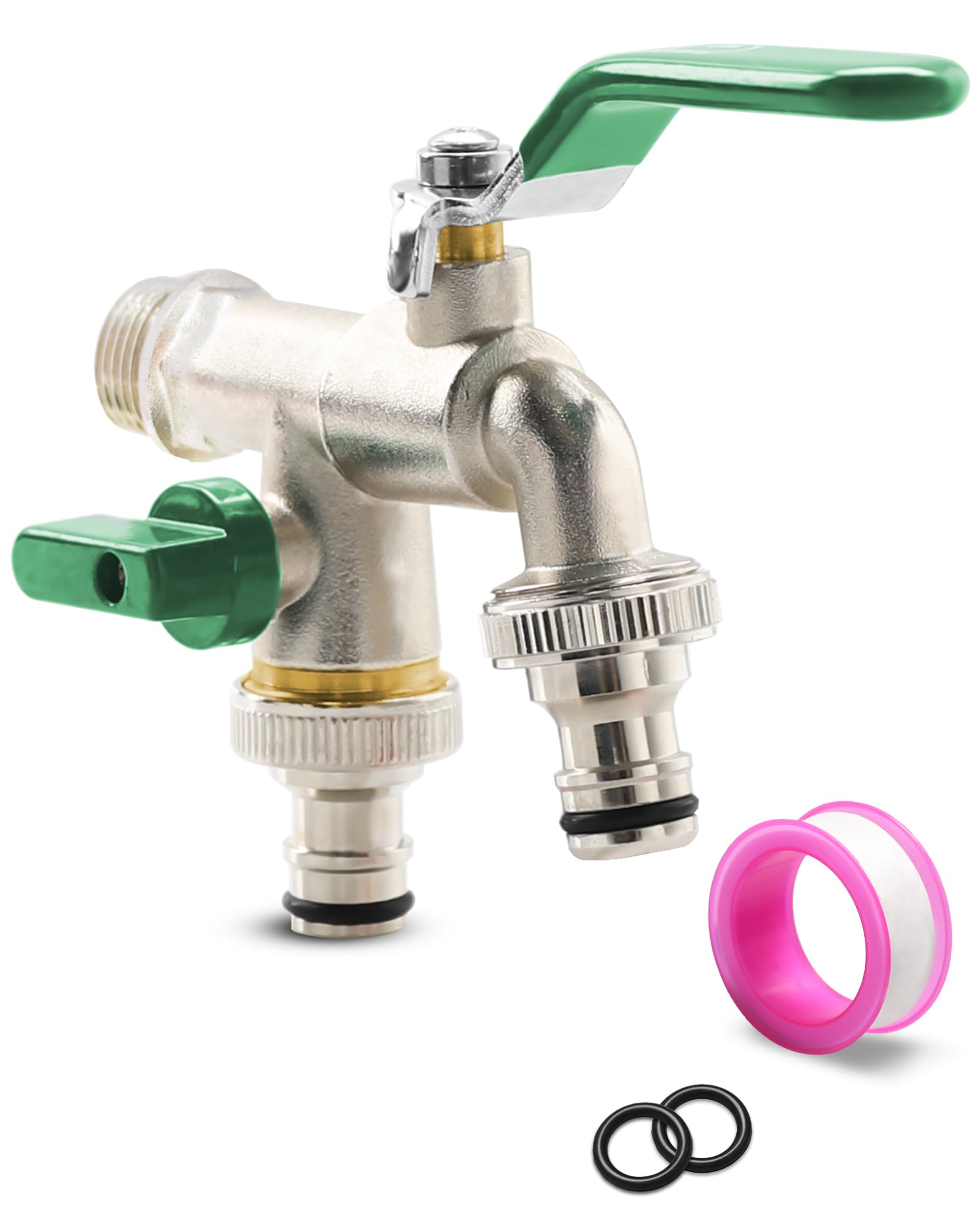 Qinyoulhause Green Brass Double Water Tap With Universal 3/4'' & 1/2'' Connection - Dual Outlet Garden Tap Frost & Rust Resistant With 2 Hose Connectors - Outdoor Double Tap For Garden, Washing Machine & Rain Barrel
