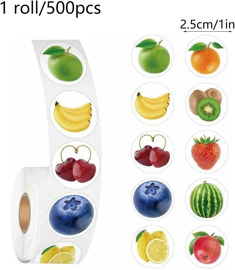 1 roll of 500 Pieces Fruit Stickers, with a roll Mouth Sticker, DIY Notebook, Refrigerator Sticker, Holiday Gift Decoration