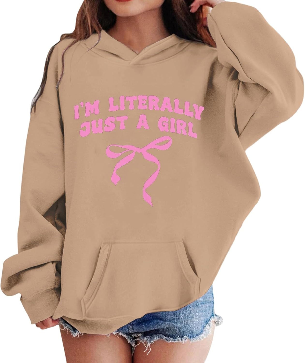 I'm Literally Just a Girl Hoodie for Kids Long Sleeve Bow Graphic Hooded Sweatshirts Fall Trendy Preppy Clothes