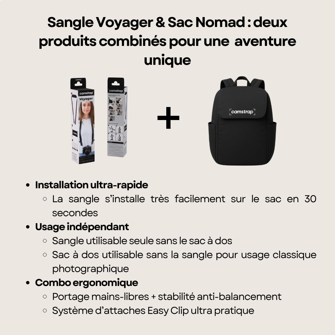 Camstrap Nomad, Zaino fotografico a mani libere con cinghia da viaggio, per fotocamere, reflex binocolo e drone
