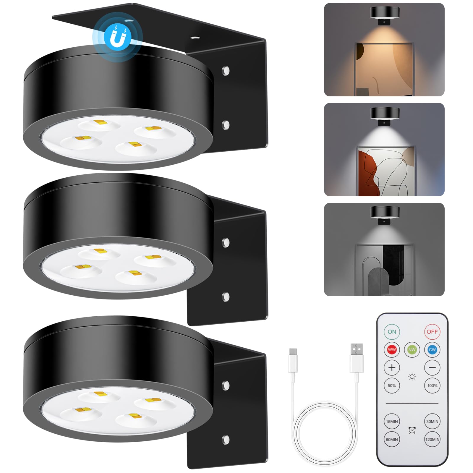 SIXDEFLY Picture Lights for Wall, 3 Lighting Modes Magnetic Art Display Light,Rechargeable Battery Operated Led Painting Light with Remote Control Dimmable & Timer,3Pack Black