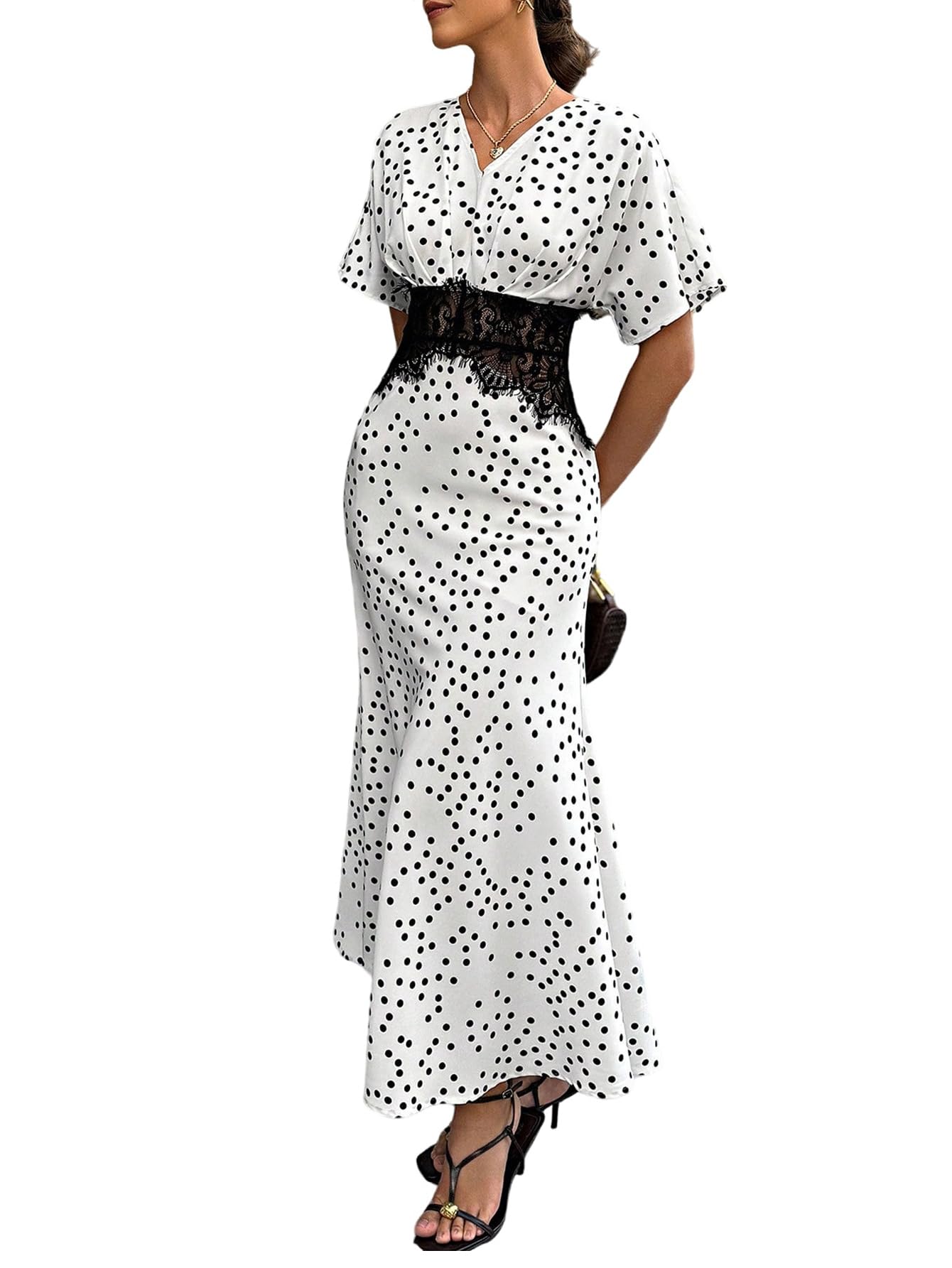 SweatyRocks Damen Kleid V Ausschnitt Maxikleid mit Polka Dots Muster Rüschenärmel Sommerkleid mit Spitze A Linien Cocktailkleid