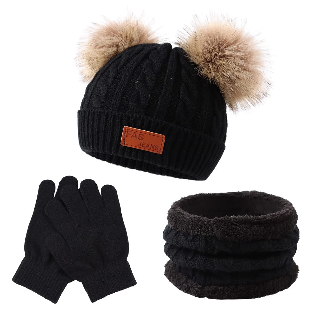 Yuoahcn Kids Winter Beanie Hat Scarf Gloves Set Knit Warm Toddler Winter Cap Gloves Neck Warmer for Boys Girls 1-8 Year