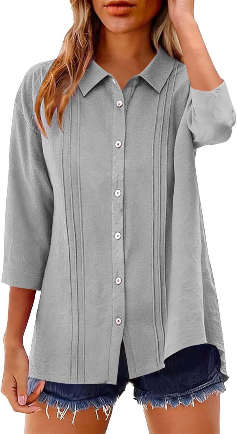 Women 3/4 Sleeve Button Down Shirt Casual Flowy Beach Tops Lightweight Summer Dressy Work Office Blouse Vacation Outfit